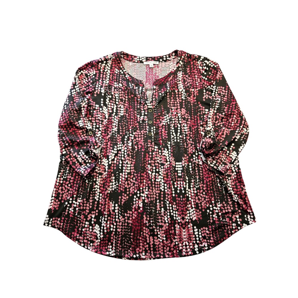 Notations Woman Pink Abstract Dot Roll Tab Sleeve Blouse Plus 1X WITU6976